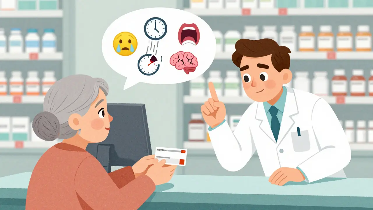 Pharmacien avertissant une patiente âgée des effets psychologiques des corticostéroïdes.