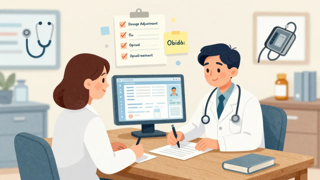 Pharmacien et médecin signant un accord de pratique collaborative autour d'un dossier médical partagé.