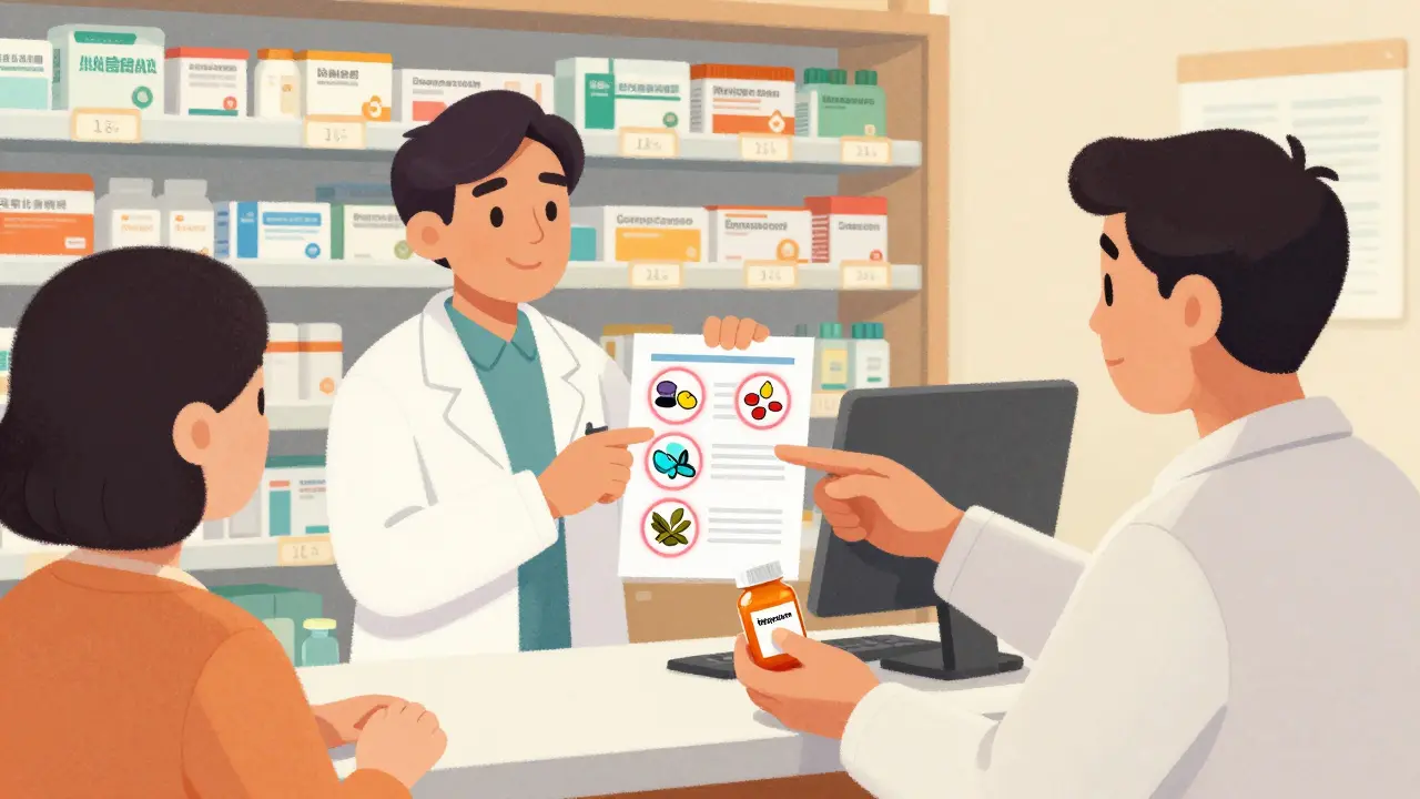 Pharmacien explique les interactions entre médicaments à un patient devant des flacons et un tableau d'alertes.