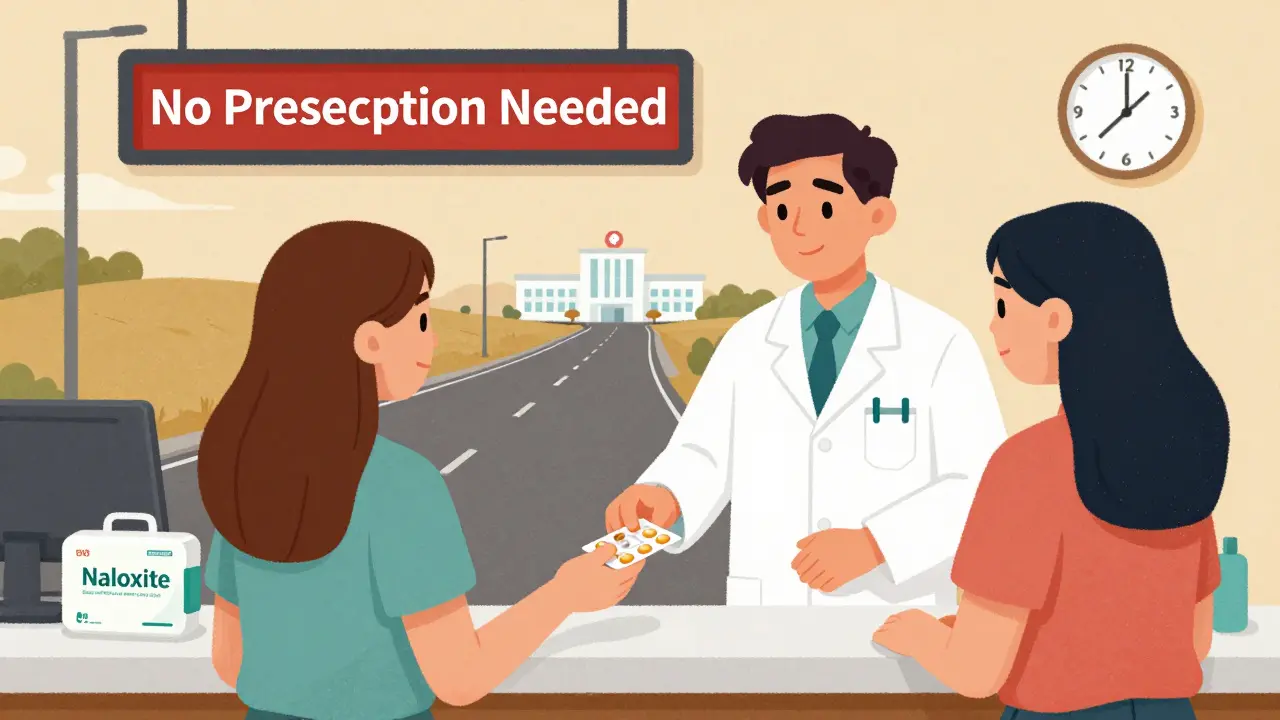 Pharmacien remettant un contraceptif à une patiente, avec un kit de naloxone visible au comptoir.