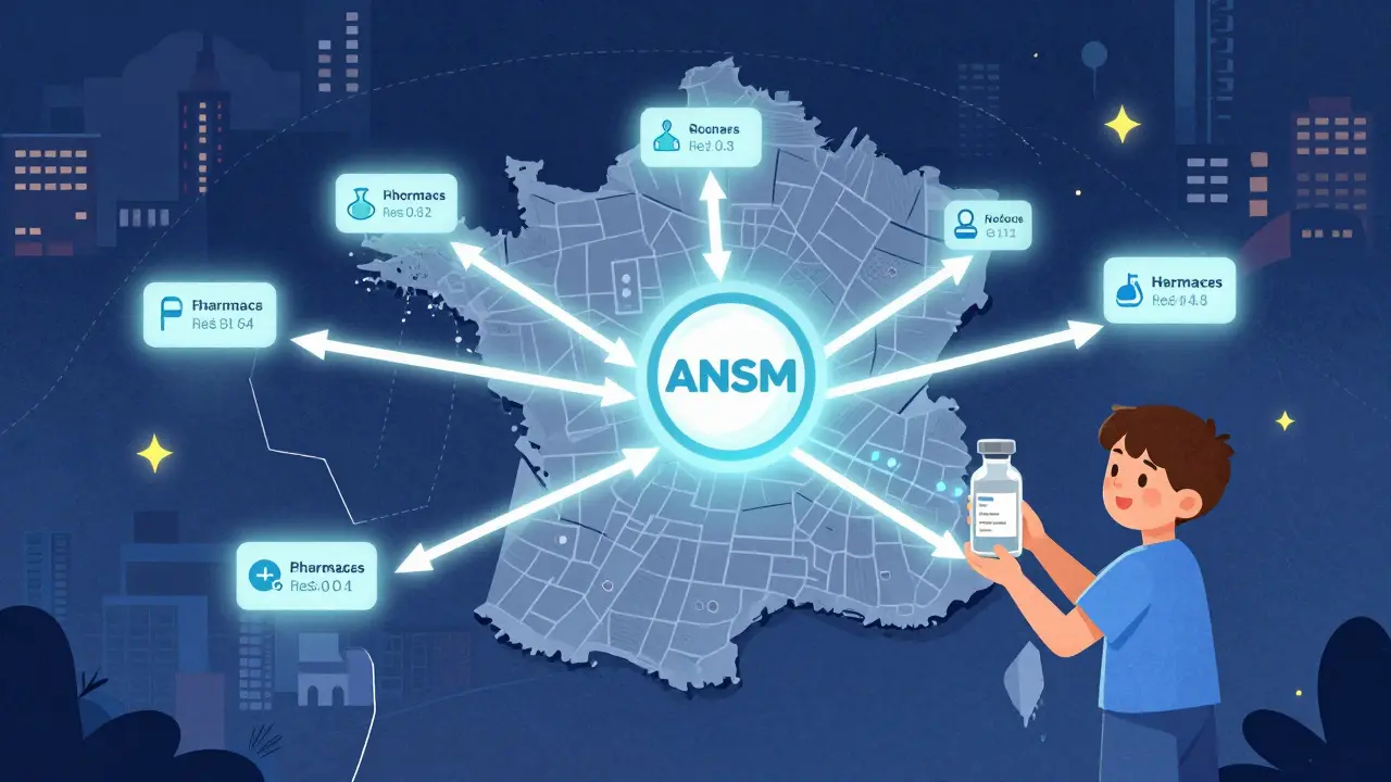 Réseau de pharmacies en France connectées en temps réel, avec un enfant recevant un traitement critique.