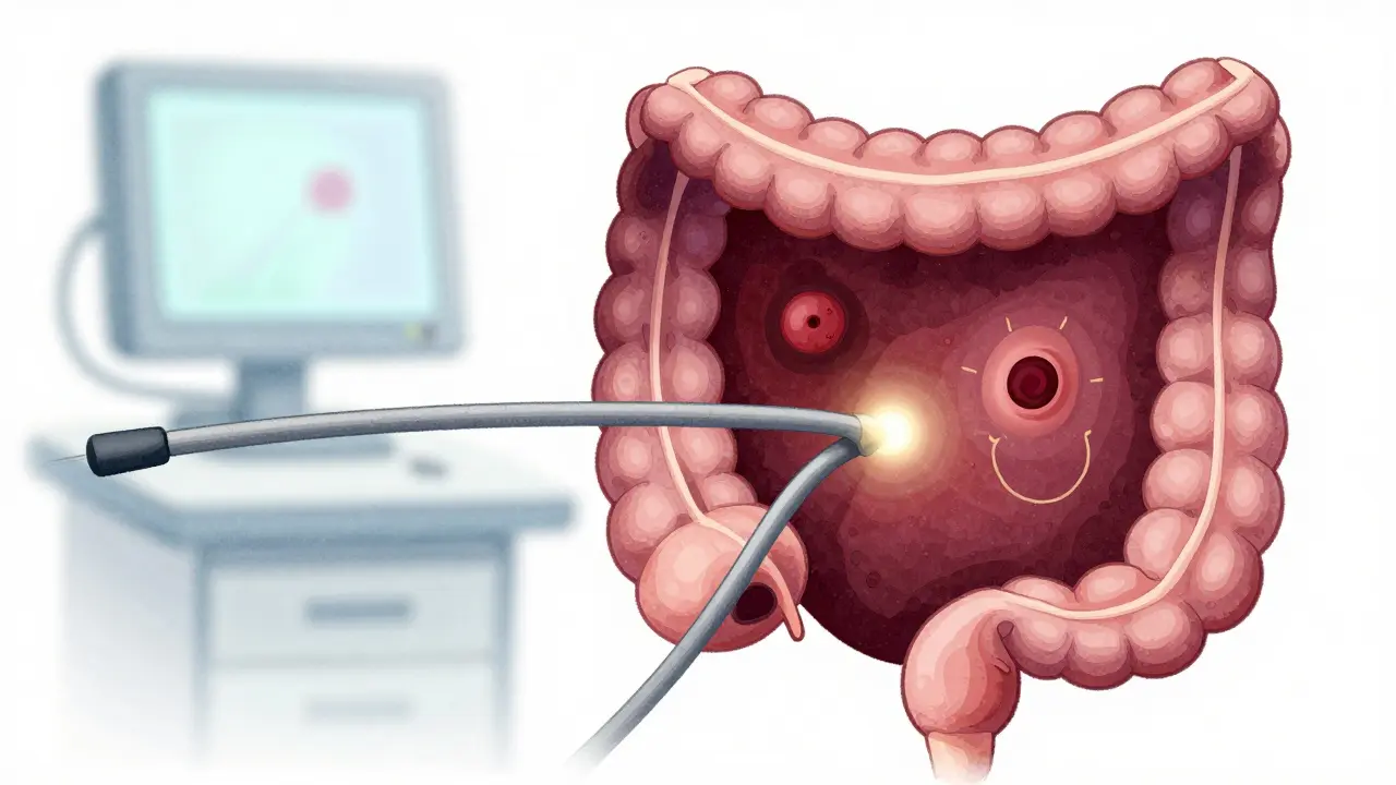 Scène de coloscopie avec un endoscope détectant un adénome visible et une lésion serrée presque invisible, aidée par des repères numériques subtils.