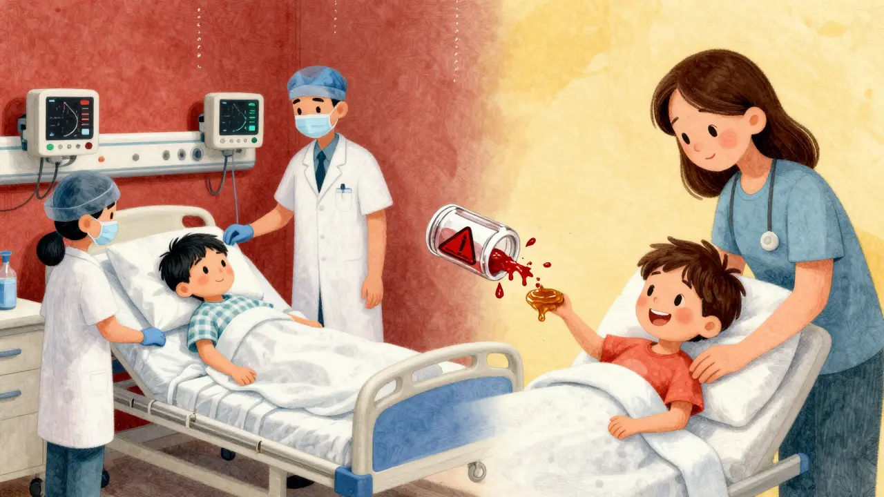 Scène divisée : enfant en hôpital à gauche, en sécurité à droite, avec une bouteille de médicament cassée au milieu.