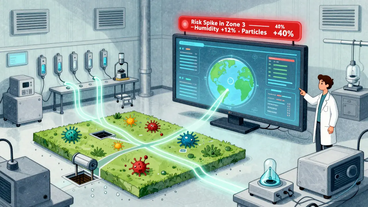 Tableau de bord numérique prédictif surveille la contamination environnementale avec des alertes et des trajectoires de pathogènes.