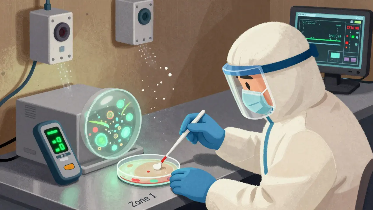 Technicien prélève un échantillon dans une zone stérile, accompagné d'appareils de détection et d'affichages de données en temps réel.