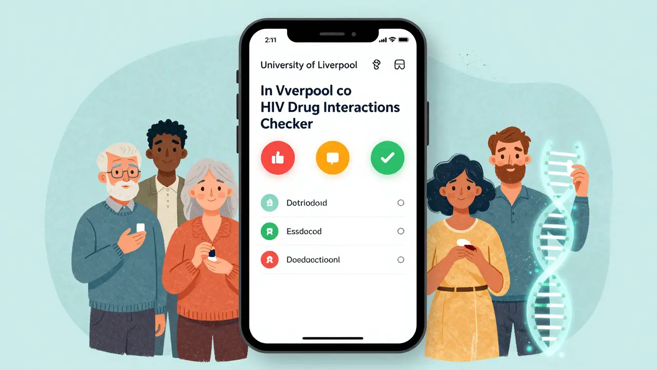 Téléphone affichant une application de vérification d'interactions médicamenteuses, entouré de patients et d'une hélice génétique symbolisant la médecine personnalisée.