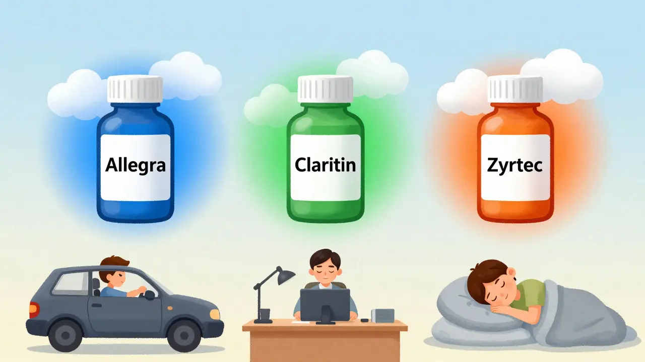 Trois bouteilles de médicaments antihistaminiques flottant avec des nuages de somnolence différents, représentant leurs effets.