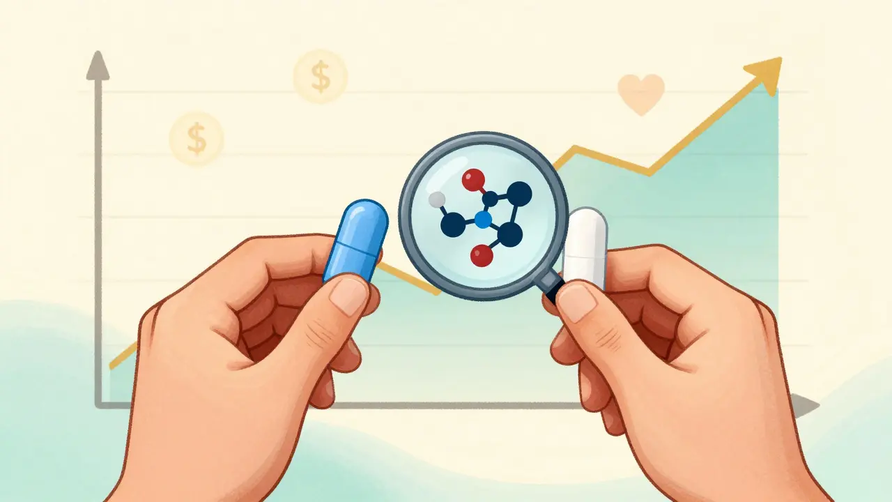 Un patient compare une pilule bleue et une blanche, avec des molécules identiques visibles sous une loupe.