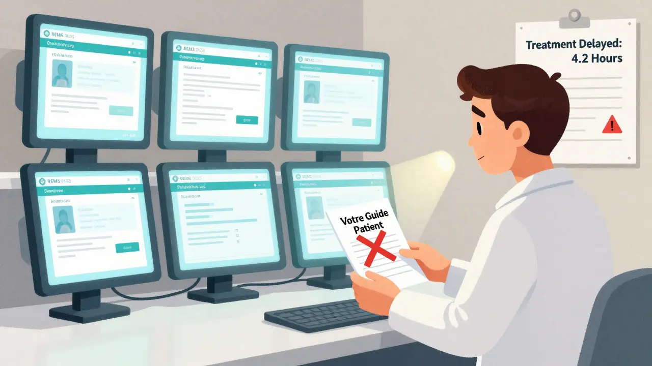 Un pharmacien submergé par cinq écrans, un patient tient un guide patient rejeté, un horloge indique un retard.