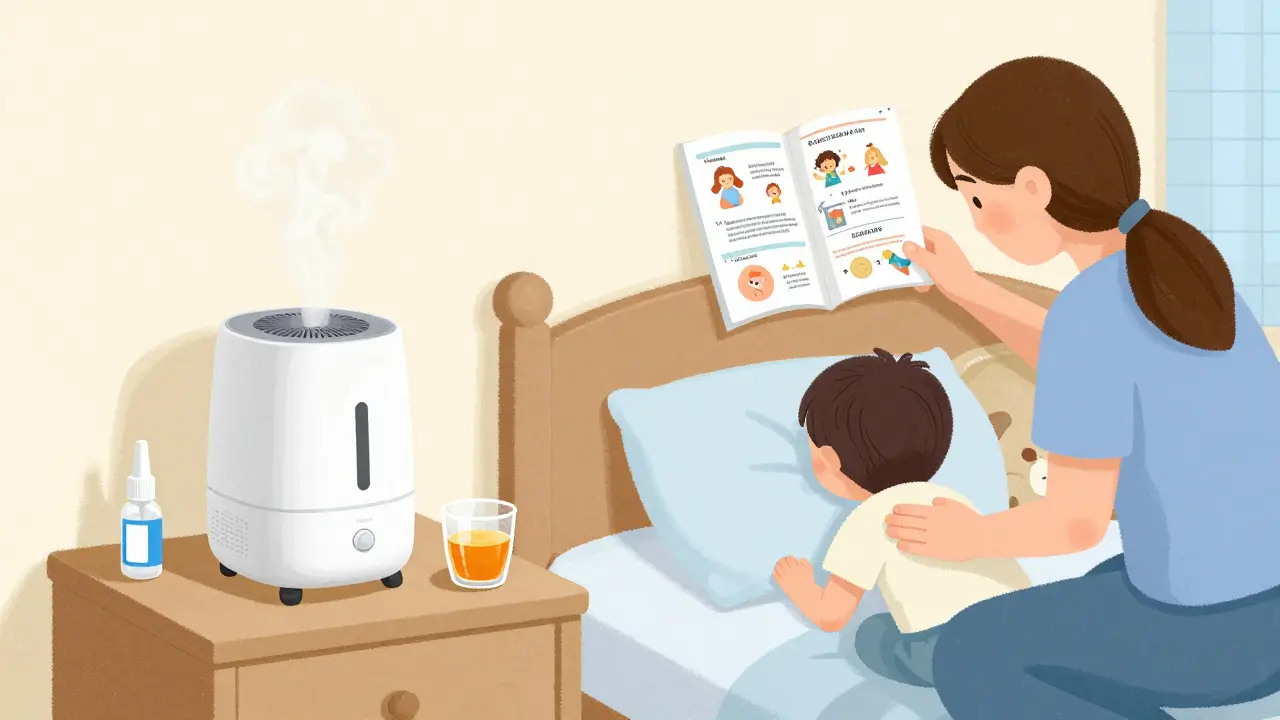 Une chambre d'enfant avec un humidificateur, du miel et une solution saline, sans médicament.