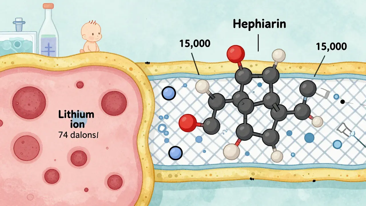 Comparaison visuelle d'une petite molécule de lithium qui traverse le lait et d'une grande molécule d'héparine bloquée.