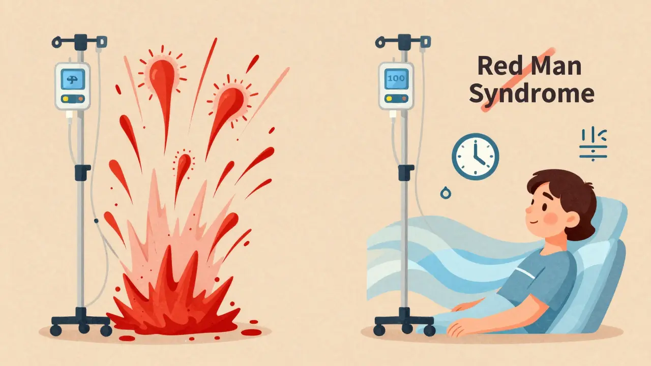 Comparaison visuelle entre une perfusion rapide dangereuse et une perfusion lente sécurisée pour la vancomycine.