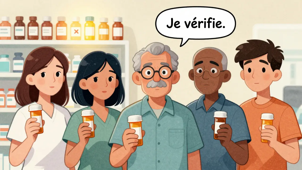 Des patients de différents âges tiennent leurs médicaments, déterminés à vérifier leur ordonnance, avec un flacon erroné en arrière-plan.