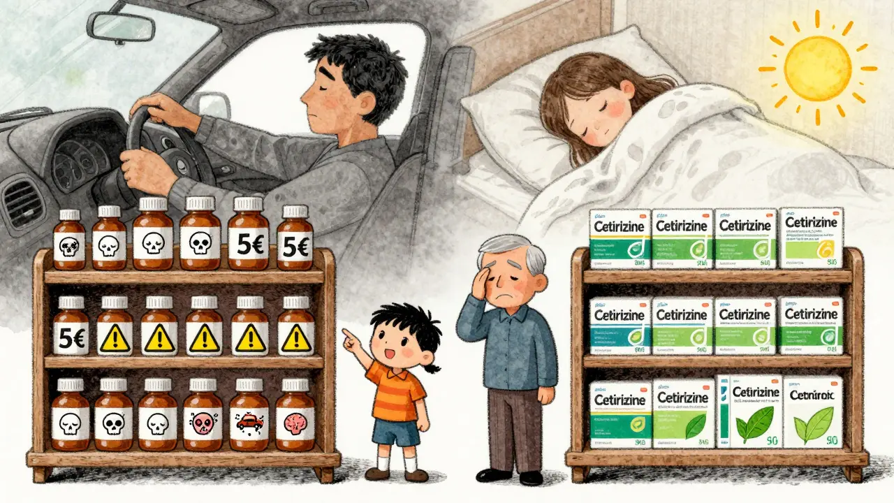 Deux étagères comparant les antihistaminiques bon marché dangereux et les alternatives plus sûres.