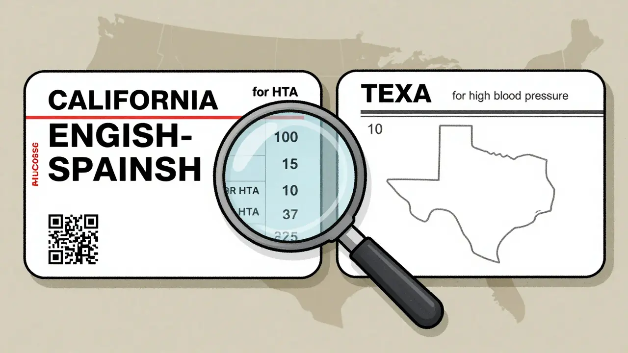 Deux étiquettes de prescription côte à côte, l'une en anglais et espagnol, l'autre en texte minimaliste, avec une loupe entre elles.