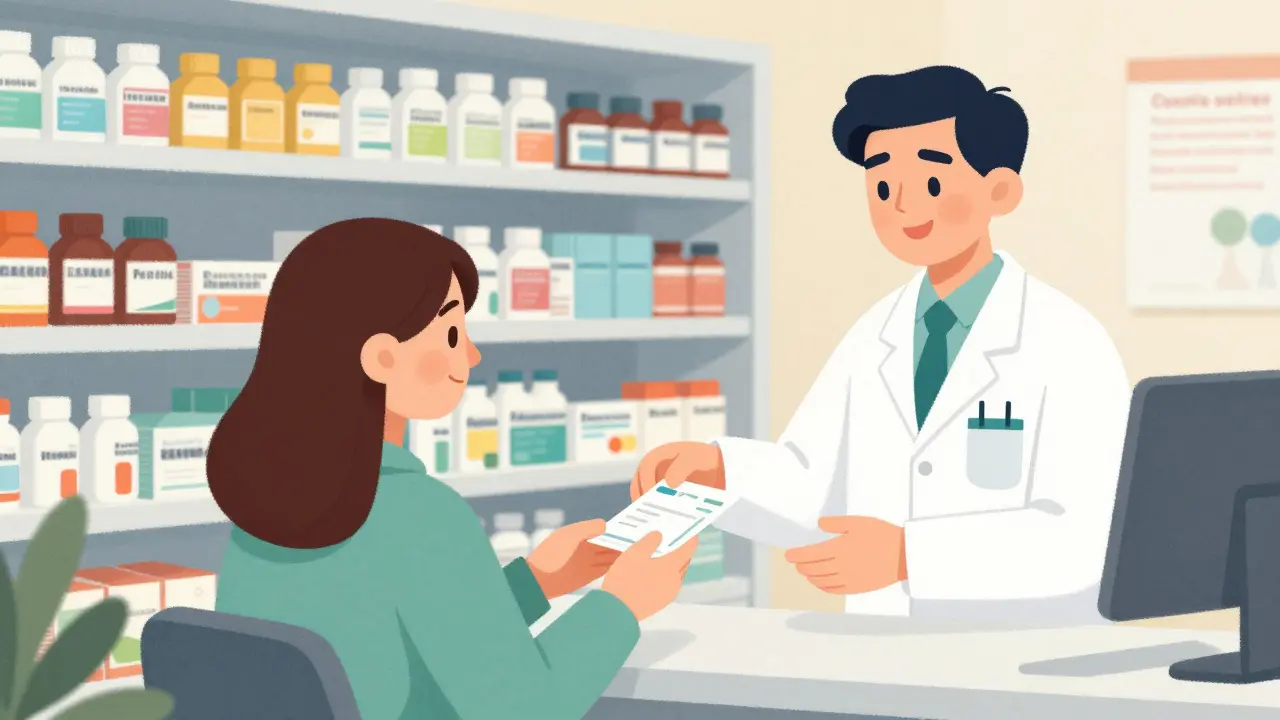 Étagère de pharmacie avec médicaments génériques et patient souriant recevant une prescription.