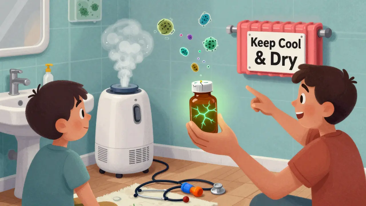 Famille dans une salle de bain où un médicament se dégrade à cause de l'humidité et de la chaleur, avec des signes d'avertissement visibles.