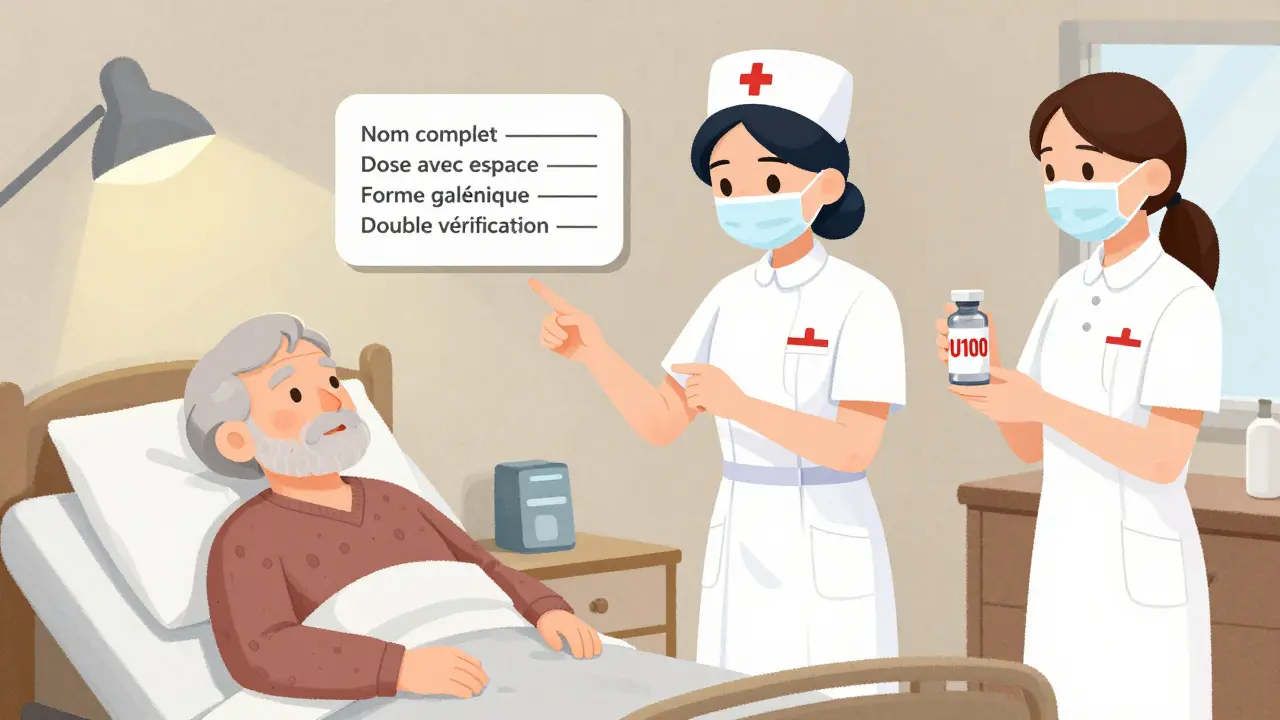 Infirmière vérifie la dose d'insuline avec un collègue, utilisant la méthode du read-back auprès d'un patient âgé.