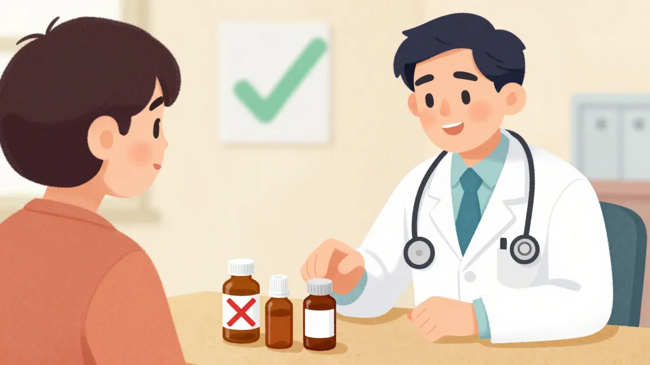 Médecin conseillant patient avec bouteilles d'alcool et de benzodiazépines barrées