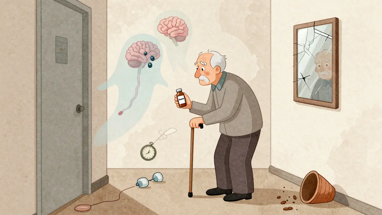 Personne âgée en équilibre précaire le matin, entourée de signes d'effets anticholinergiques.