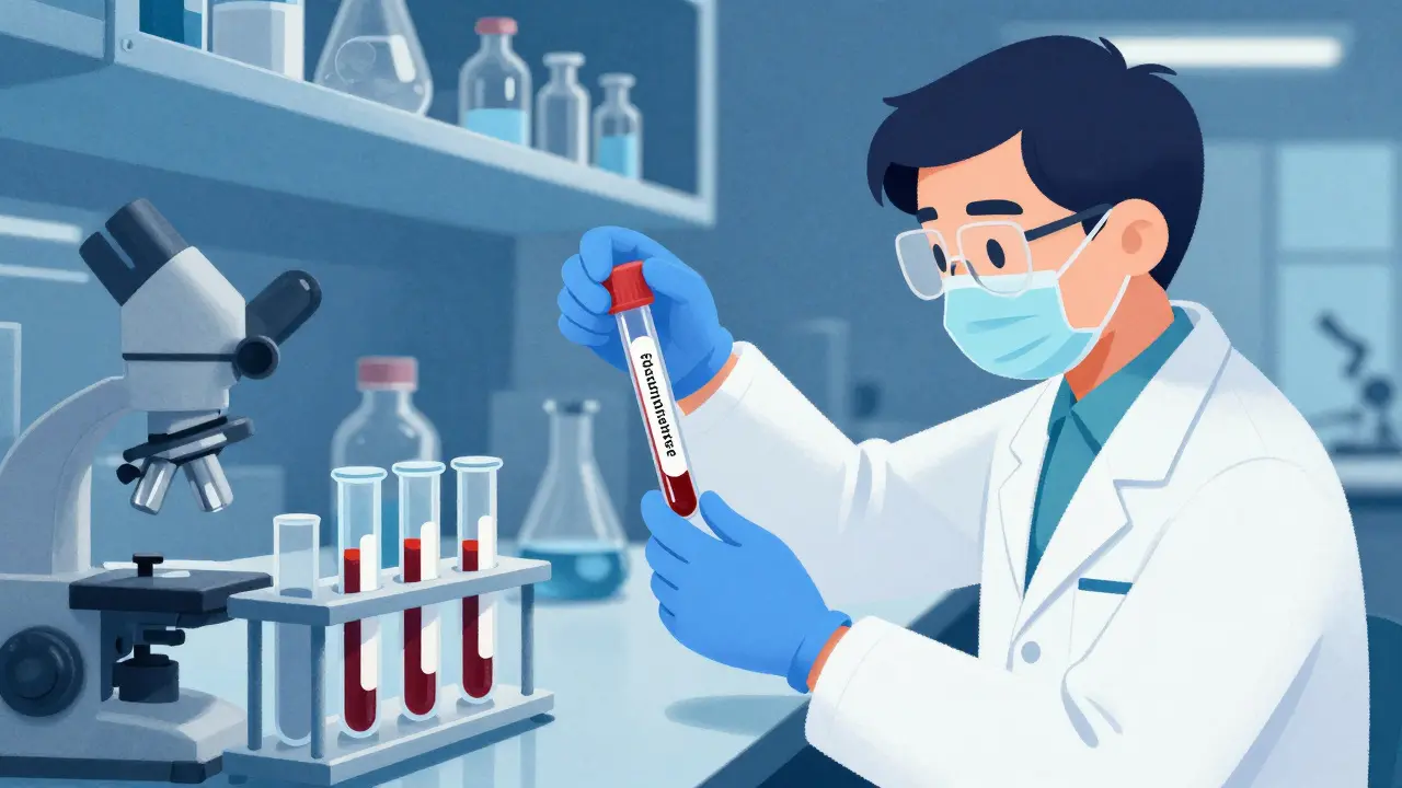 Scientifique testant des échantillons sanguins pour l'équivalence biologique des médicaments génériques.