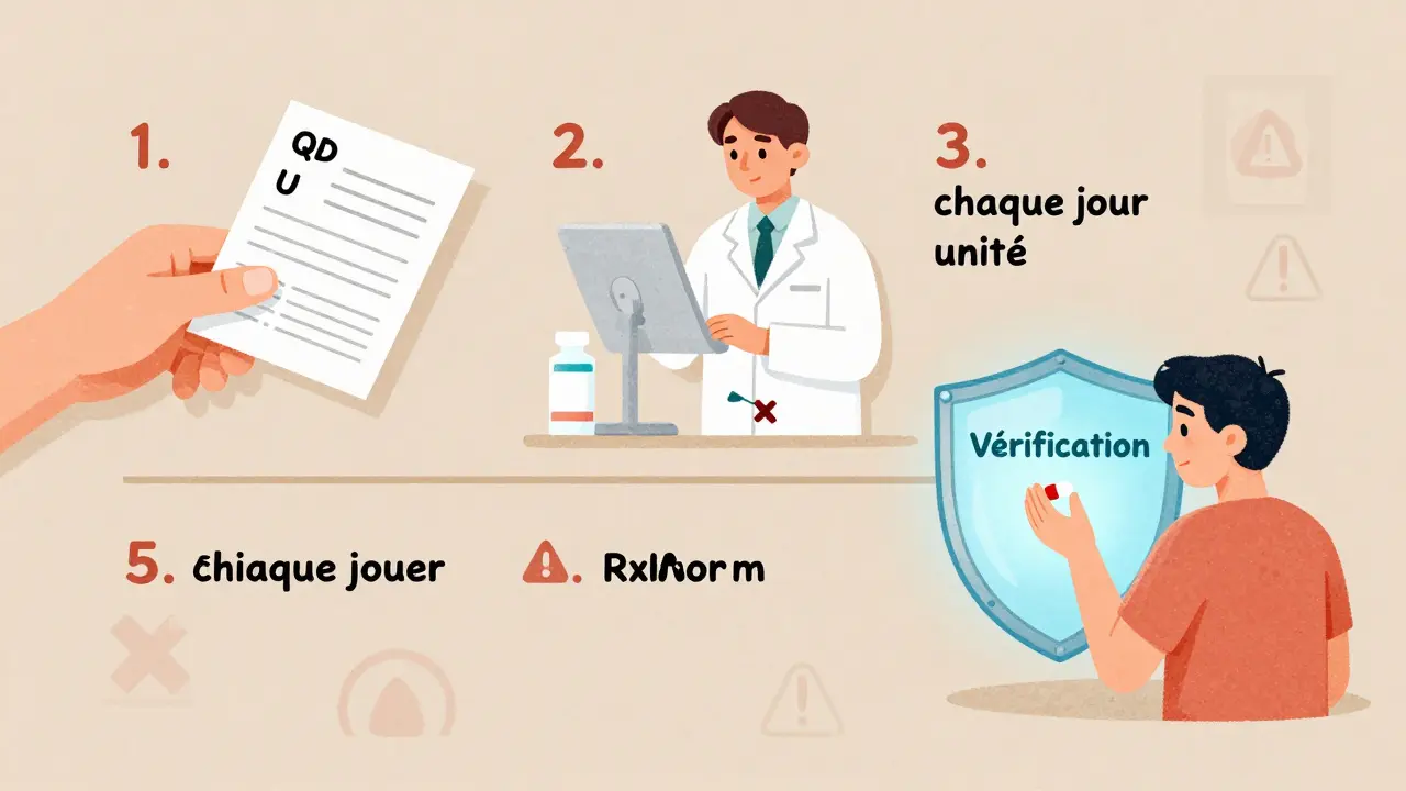 Séquence en trois étapes montrant la transformation d'une ordonnance ambiguë en une prescription claire et sécurisée.