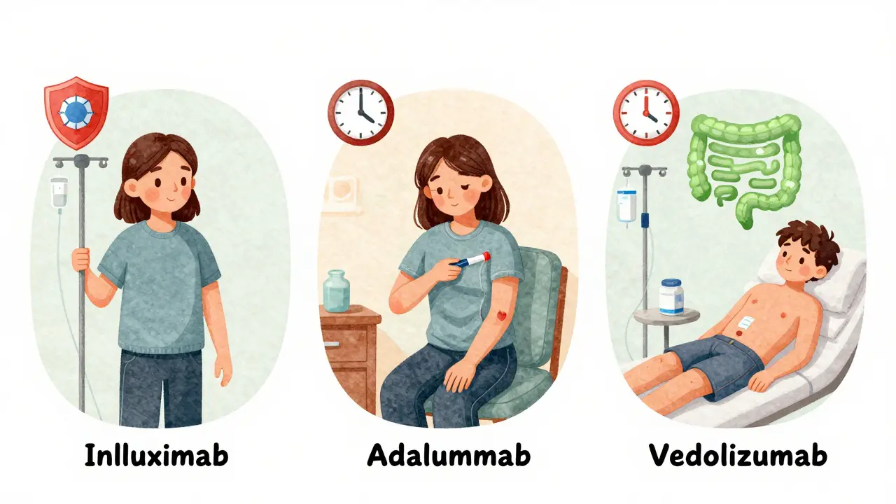 Three patients receiving different biologic treatments: IV infusion, injection at home, and short IV session, with risk and convenience icons.
