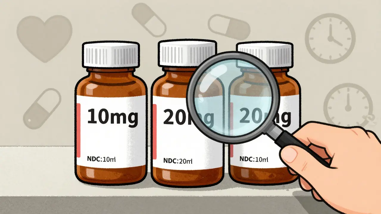 Trois flacons de médicaments avec des étiquettes détaillées, un magnifying glass au-dessus pour vérifier la dose et la date de péremption.