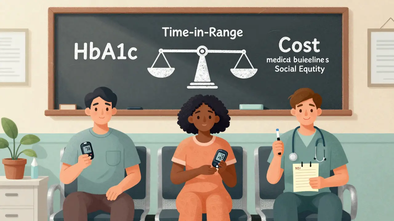 Trois patients dans une salle d'attente avec différents outils de surveillance du glucose, face à un tableau explicatif.
