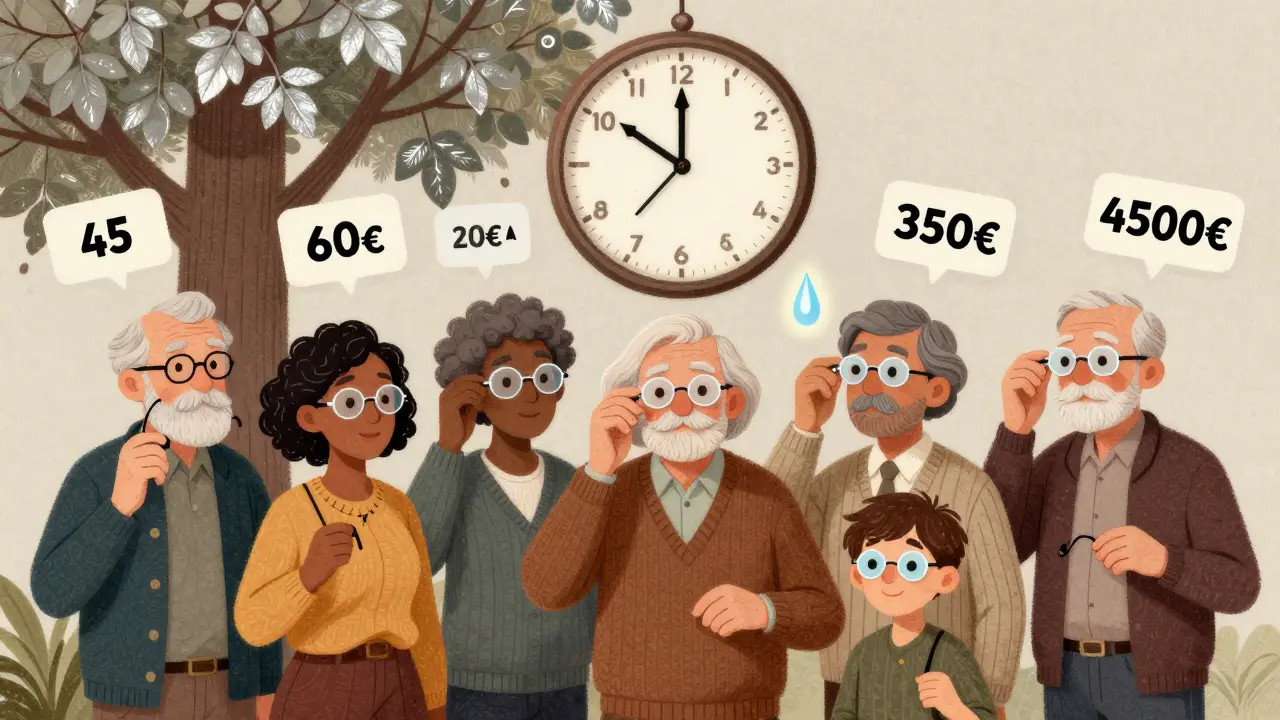 Un groupe de personnes âgées avec différentes corrections visuelles, sous un horloge marquant 2026, avec des prix et une goutte expérimentale.