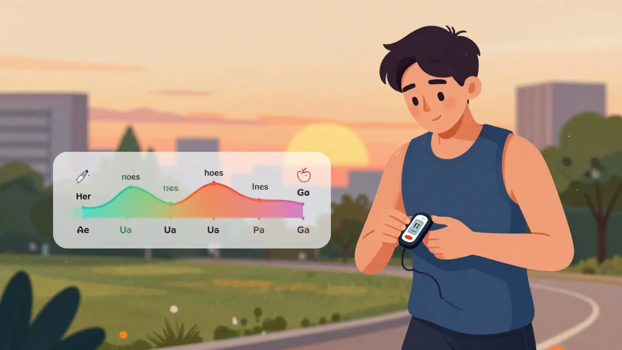 Un jeune coureur vérifie son capteur de glucose en temps réel pendant une course au coucher du soleil.