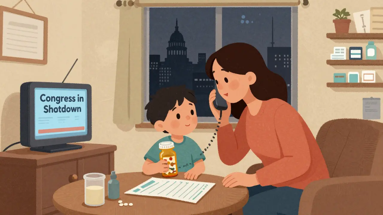 Une famille avec une bouteille de médicament vide, la mère au téléphone, une ville sombre en arrière-plan.