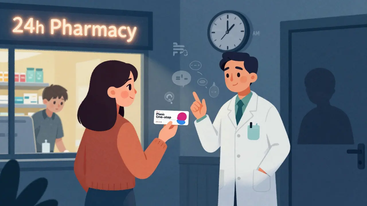 Une jeune femme achète une contraception d'urgence à 2 heures du matin dans une pharmacie ouverte.