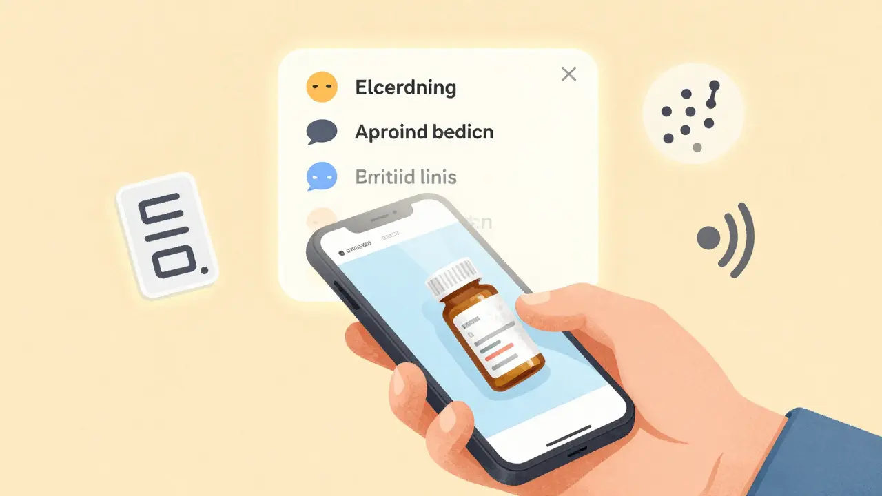 Une main tenant un téléphone qui scanne une ordonnance, tandis qu'une version numérique améliorée apparaît au-dessus.
