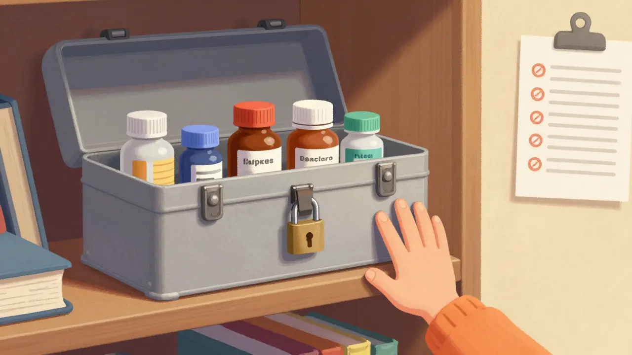 Boîte à outils verrouillée contenant des médicaments sur une étagère, avec une main d'enfant bloquée à distance.