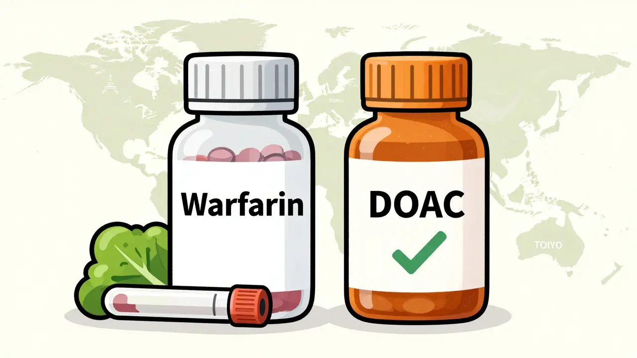 Comparaison visuelle entre warfarin et DOAC avec éléments symboliques : tests sanguins vs pilule simple sur fond mondial.