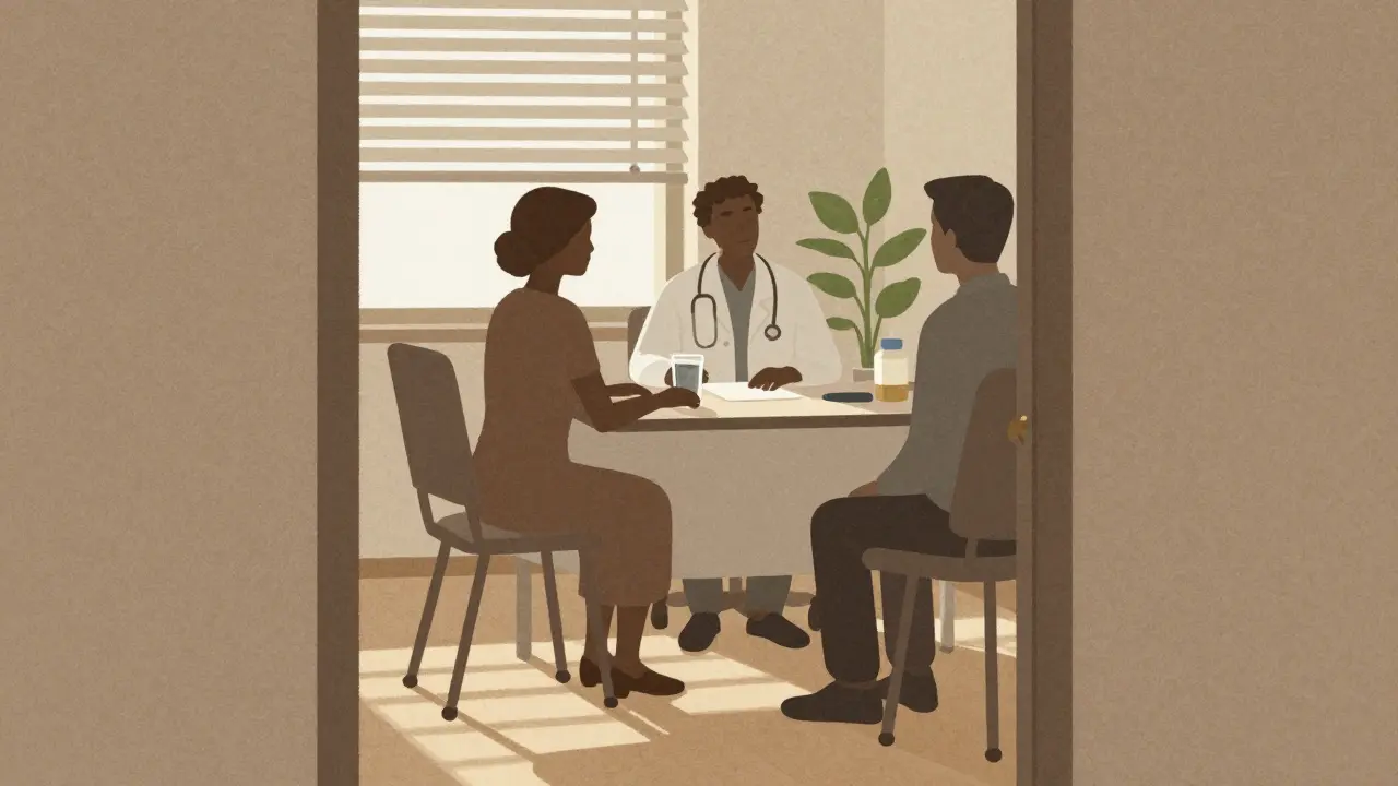 Consultation médicale avec un médecin et un patient autour d'une table.