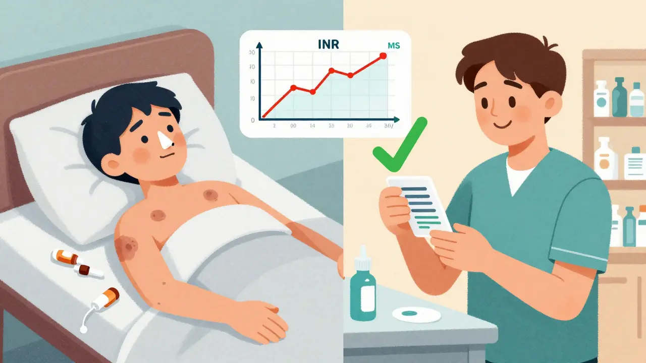 Deux scènes contrastées : un patient en détresse à cause d'une interaction médicamenteuse et un autre en sécurité grâce à une vérification prudente.