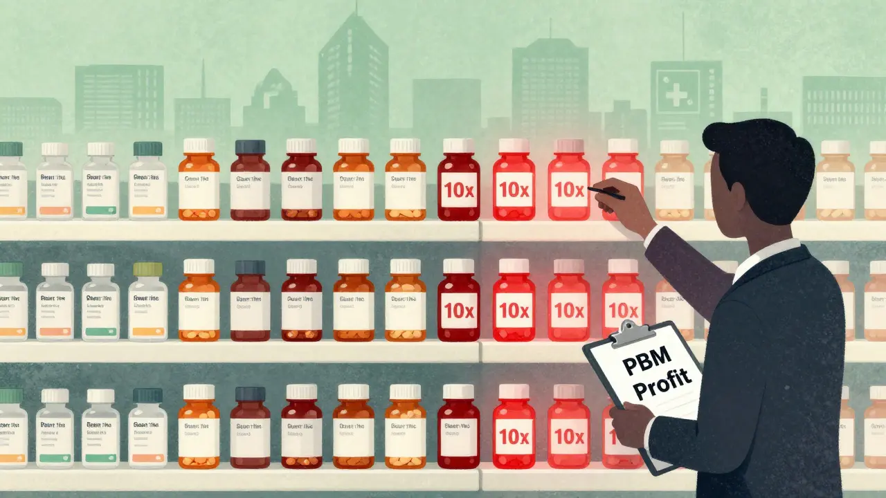 Étagère de génériques où certains prix sont artificiellement élevés par des acteurs cachés.