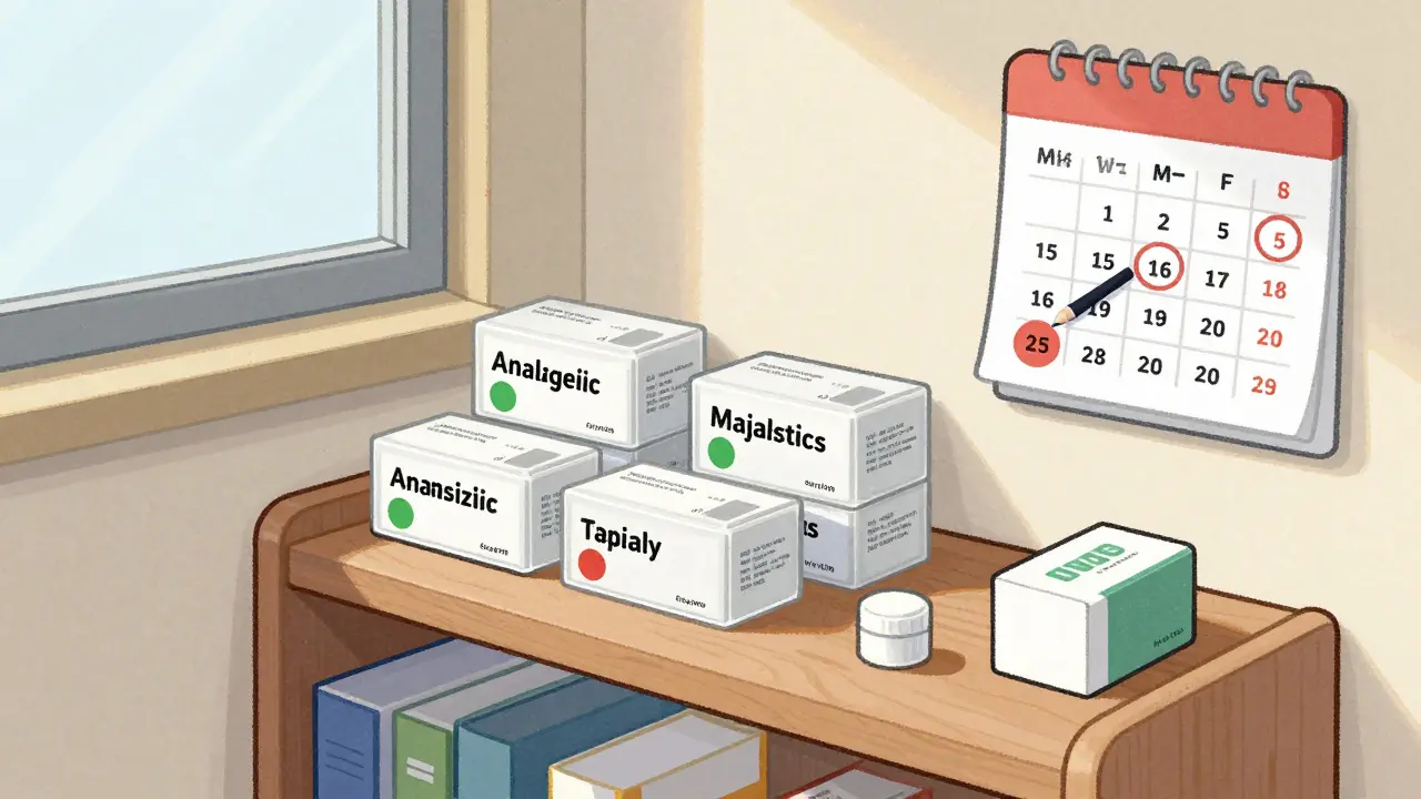 Étagère organisée de médicaments avec étiquettes colorées, un calendrier marqué pour un contrôle mensuel, une boîte à dessiccant près des comprimés.