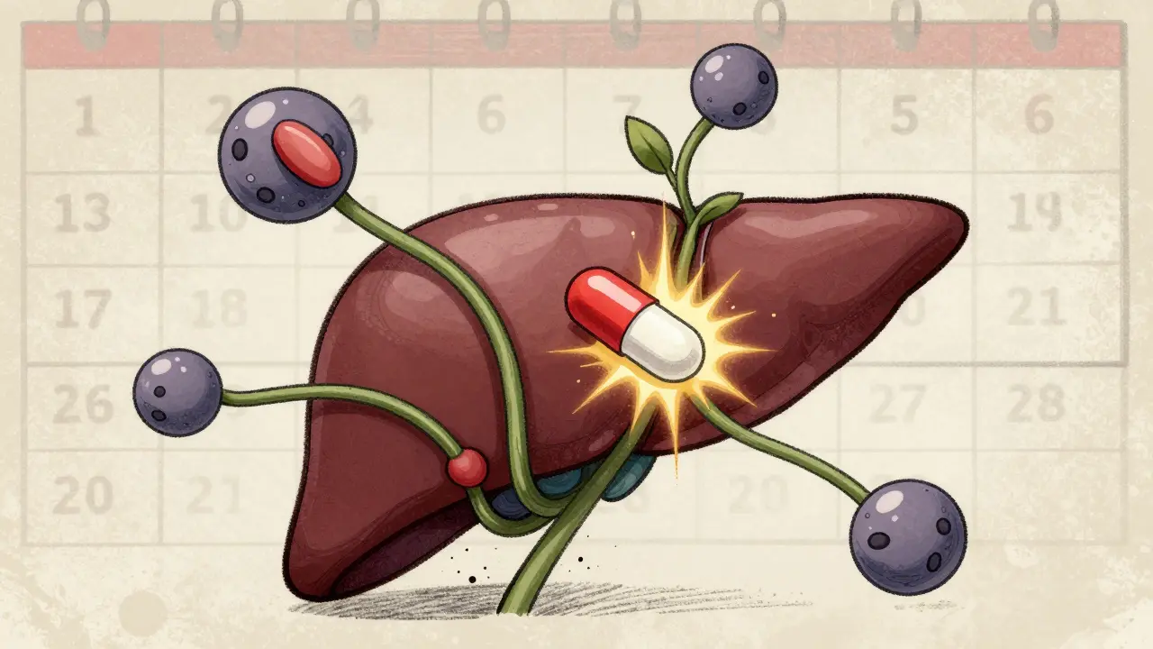 Foie avec enzymes CYP3A4 en croissance, détruisant des comprimés de warfarin et de contraceptif, sous l'effet de la carbamazépine.