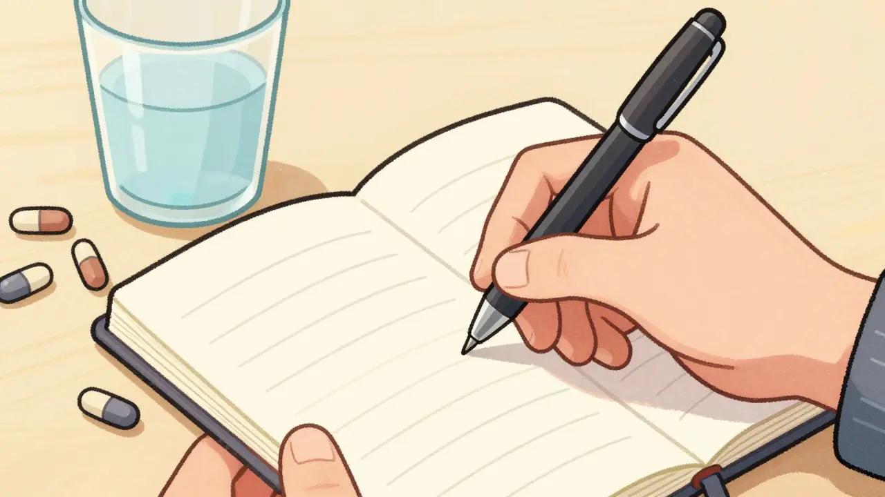 Mains écrivant dans un carnet près de pilules pour surveiller les symptômes.