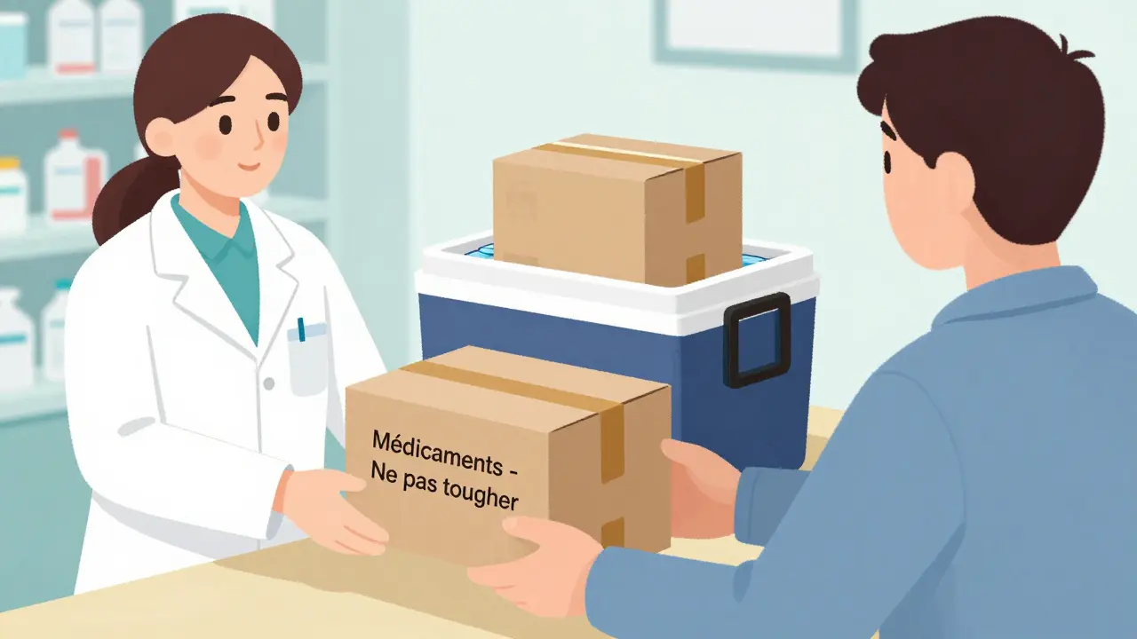 Personne remettant une boîte étiquetée de médicaments à un pharmacien dans une pharmacie sécurisée.