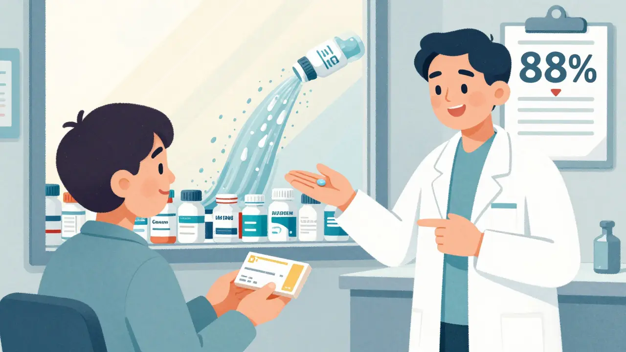 Pharmacien propose un générique abordable à un patient, avec une chute spectaculaire des coûts en arrière-plan.