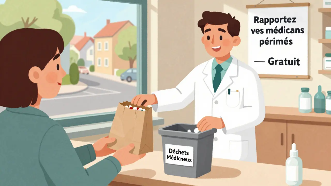 Pharmacien reçoit des médicaments périmés dans un sac papier, affiche indiquant 'Rapportez vos médicaments périmés — Gratuit'.