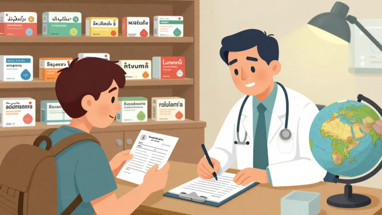 Un médecin étranger rédige une ordonnance locale pour un voyageur avec ses documents médicaux français.