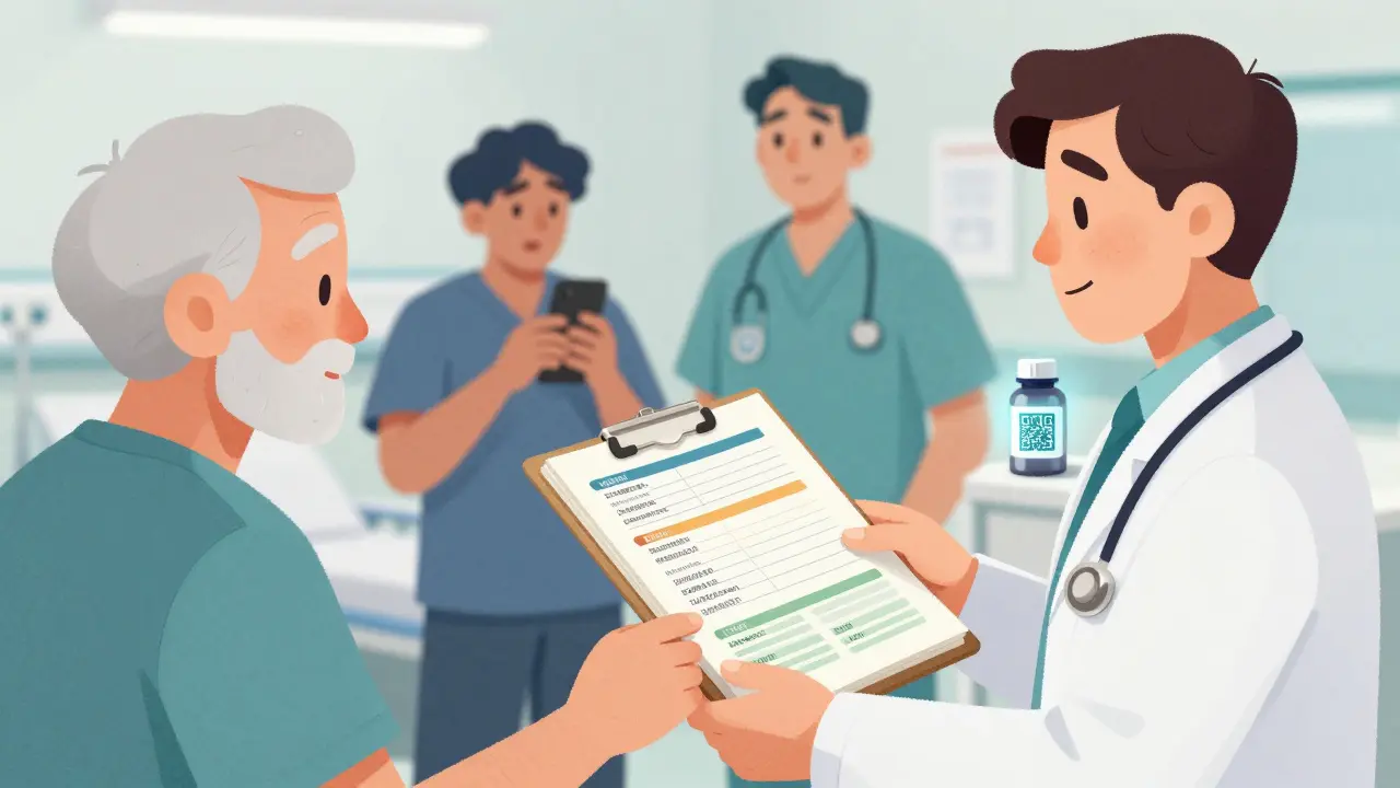 Un patient âgé remet un classeur de médicaments à un médecin en urgence, tandis qu'un autre patient utilise un téléphone mort.