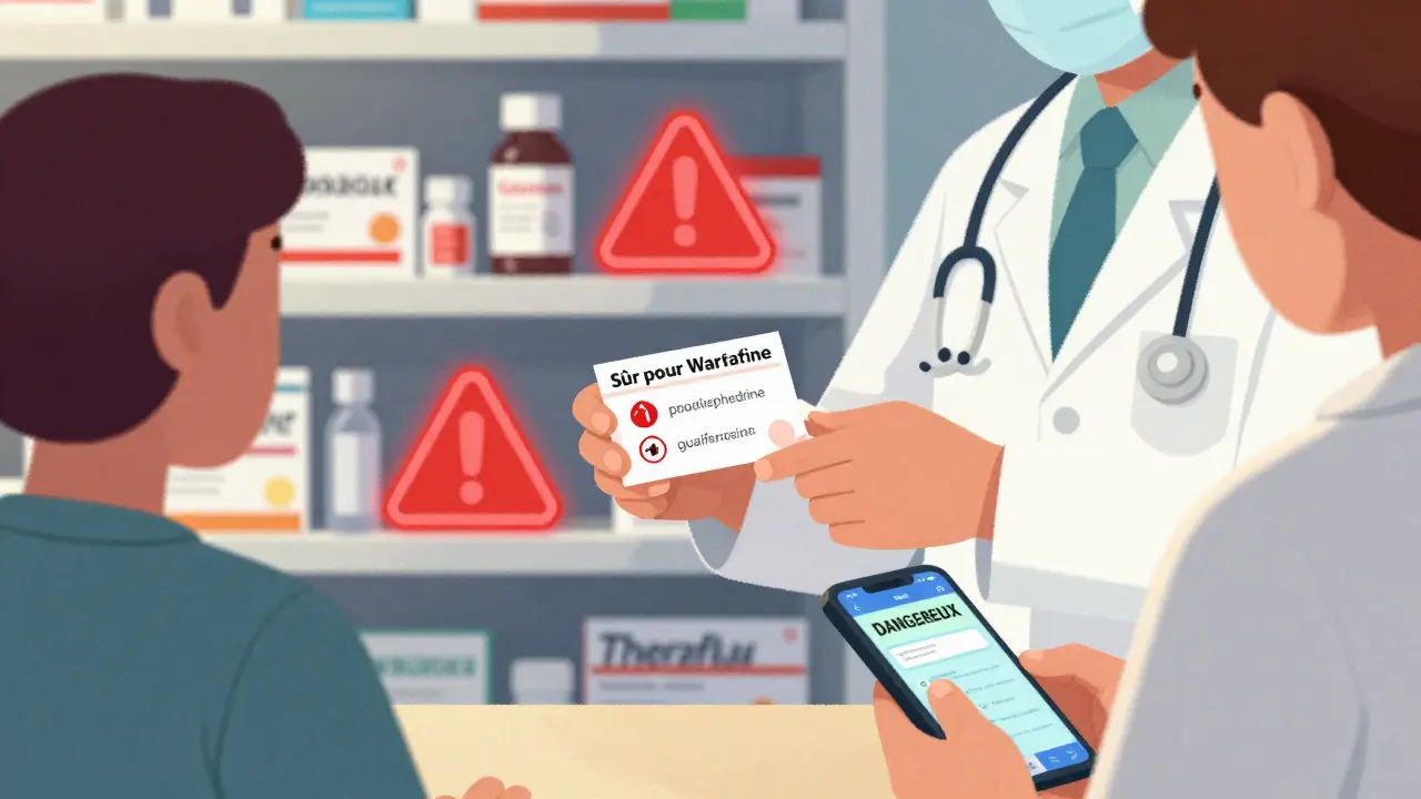 Un pharmacien remet à un patient une carte des médicaments sûrs à prendre avec la warfarine, tandis que d'autres produits sont marqués en rouge.