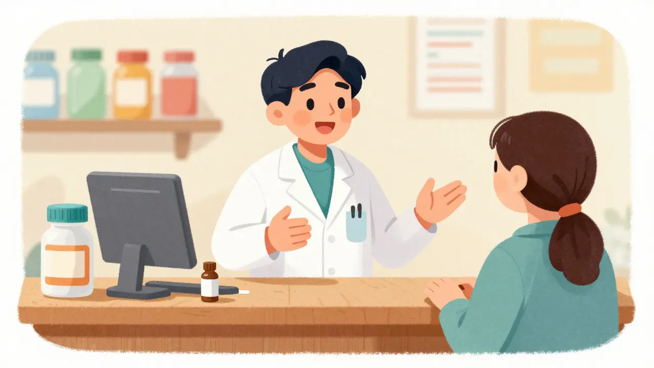 Un pharmacien souriant donnant des conseils à un patient au comptoir.