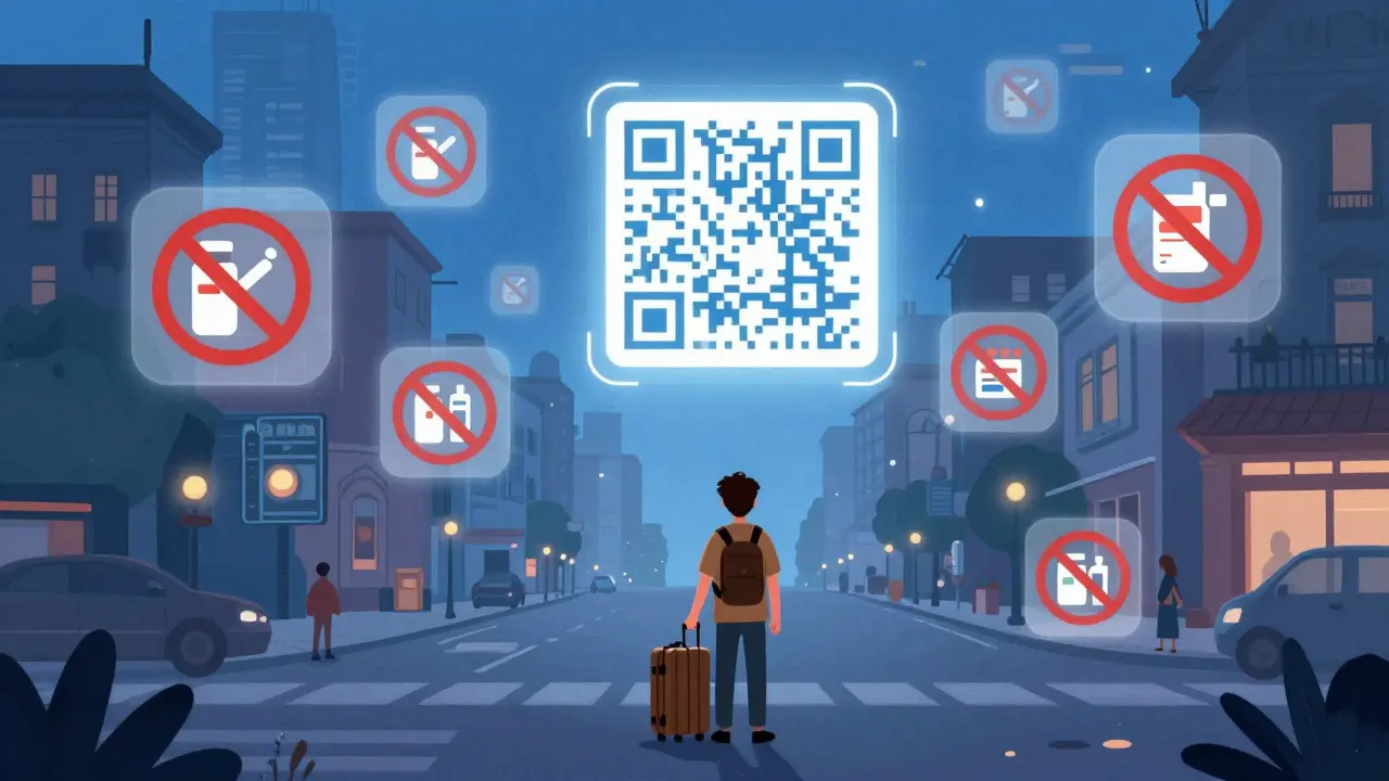 Un voyageur dans une ville étrangère entouré d'icônes de médicaments interdits, avec un code QR flottant représentant un futur système international.